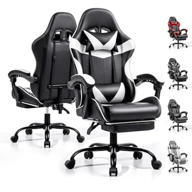 Ray Bear Gaming Chair, Ergonomic Computer Chair with Footrest and Lumbar Support, Height Adjustable Office Chair with 360° Swivel Seat and Headrest (Black & White)