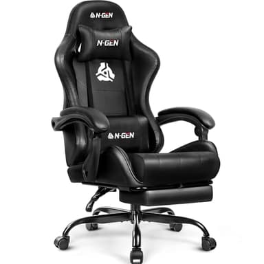 N-GEN GAMING Video Gaming Chair with Footrest Lumbar Support for Home Office High Back Recliner Height Adjustable Ergonomic Comfy Leather Computer Desk Chair (All Black)
