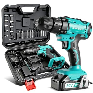 COMOWARE 20V Cordless Drill, Electric Power Drill Set with 1 Battery & Charger, 3/8" Keyless Chuck, 2 Variable Speed, 266 In-lb Torque, 25+1 Position and 34pcs Power/Driver Bits